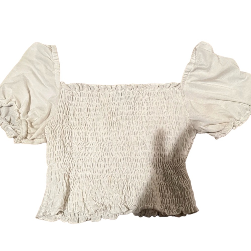 POOF! Size small white smocked crop top wear on / off the shoulder